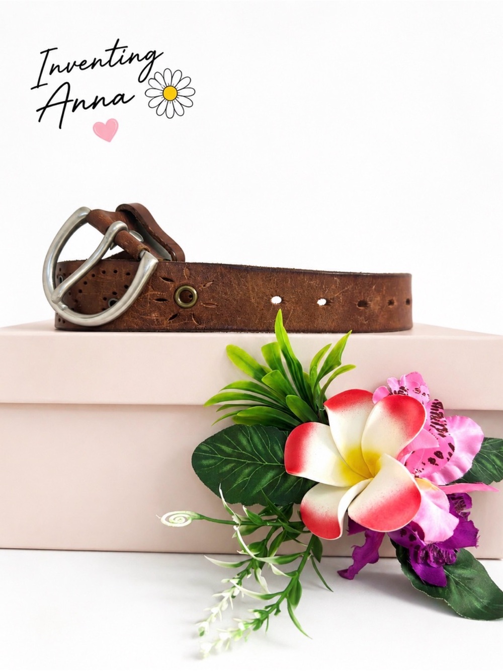 Aeropostale Brown Leather Belt Distressed Floral Buckle Western Boho Vintage